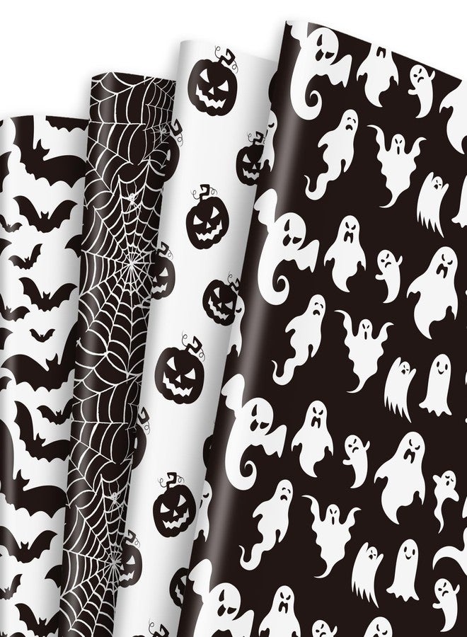 Whaline 12 Sheet Halloween Wrapping Paper Black White Pumpkin Ghost Spider Web Pattern Folded Flat Gift Wrap Paper 4 Design Art Paper for Halloween Party DIY Craft Gift Packing, 19.7 x 27.6 Inch - Image 1